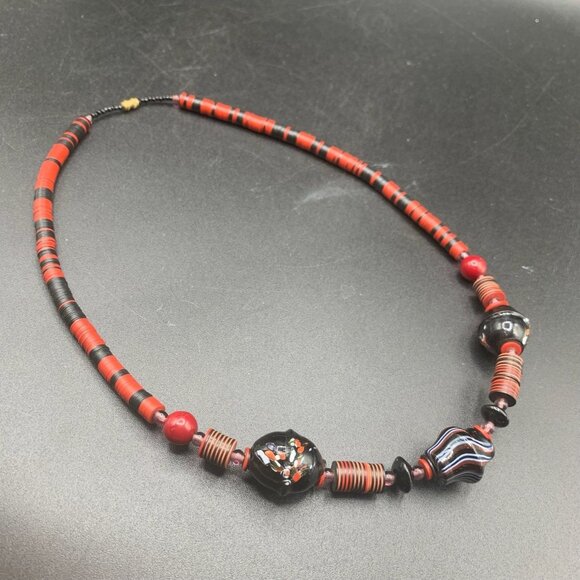 Unusual Art Glass Necklace in Red & Black Ethnic Style Surfer Jewelry - Picture 3 of 6